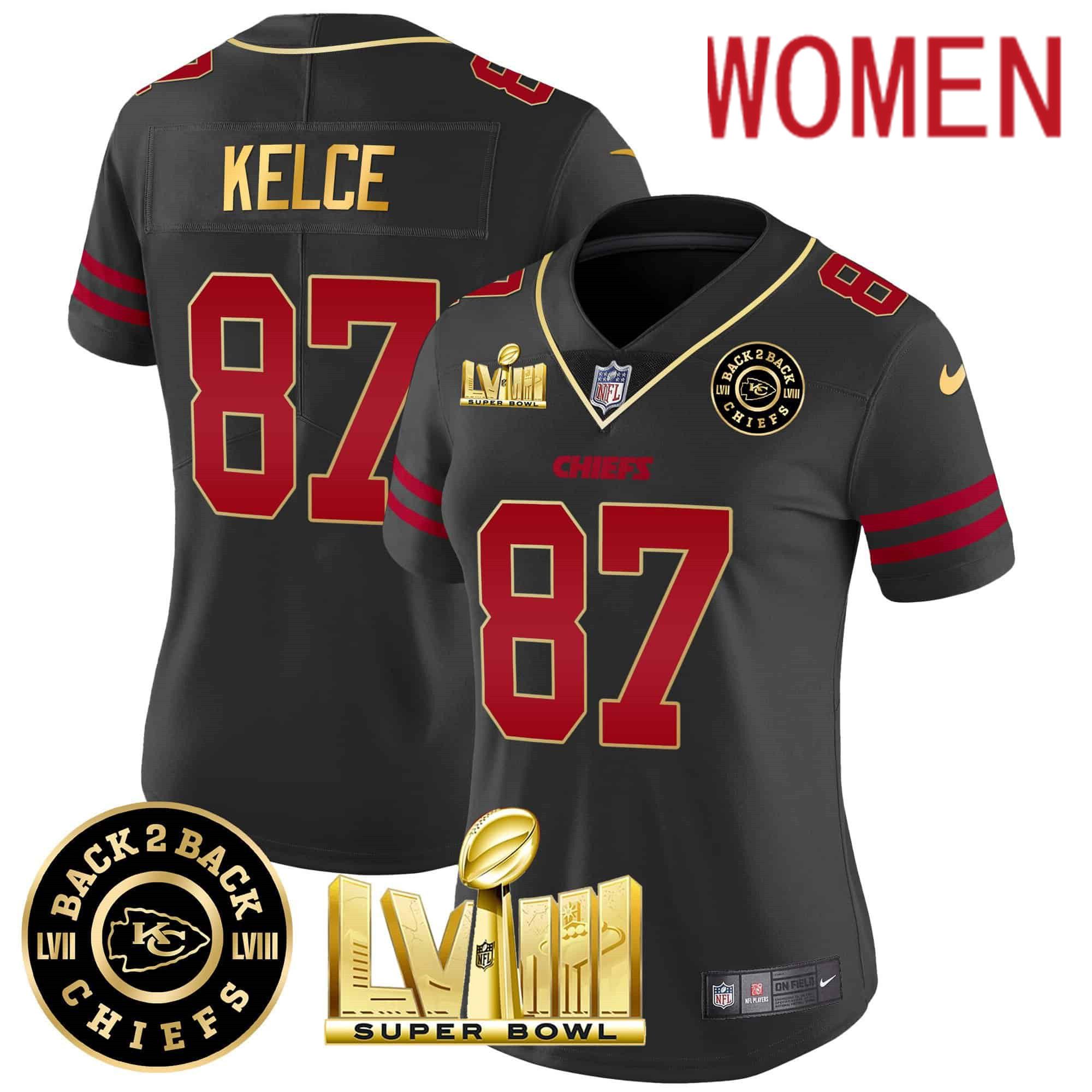 Women Kansas City Chiefs #87 Kelce Black 2024 Nike Super Bowl LVIII & Back-2-Back Patch Vapor NFL Jersey style 1